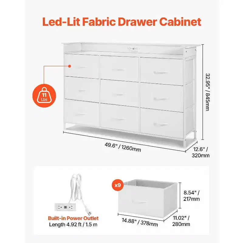 9-Drawer Fabric Dresser with LED Lights and Built-In Power Outlet