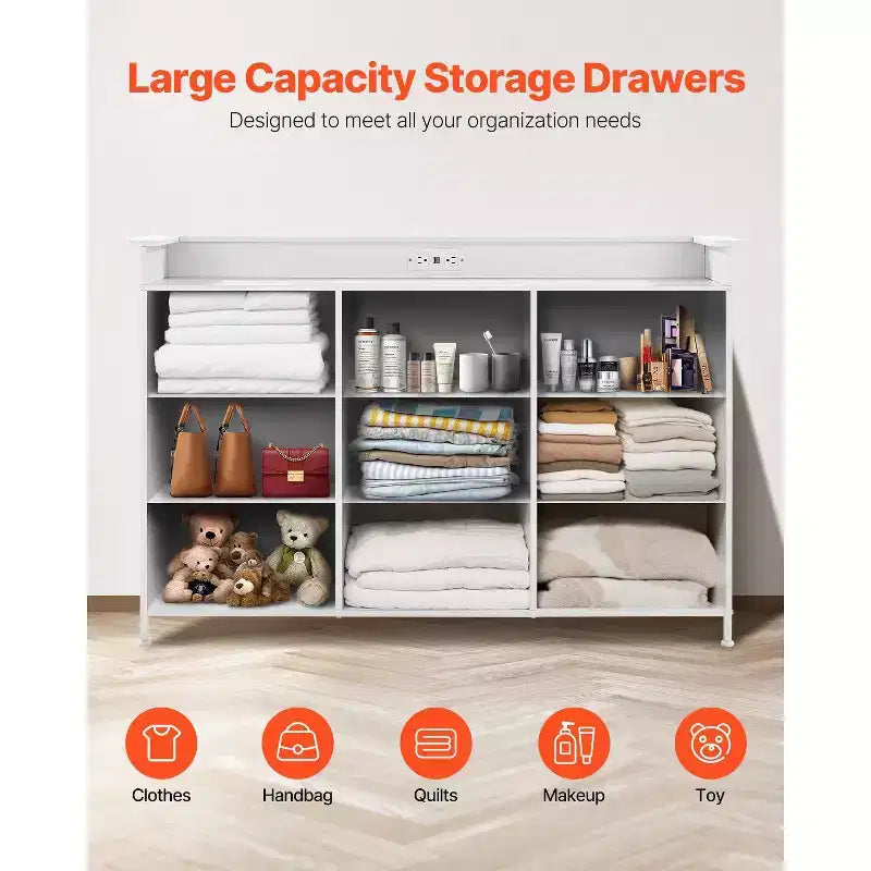 9-Drawer Fabric Dresser with LED Lights and Built-In Power Outlet