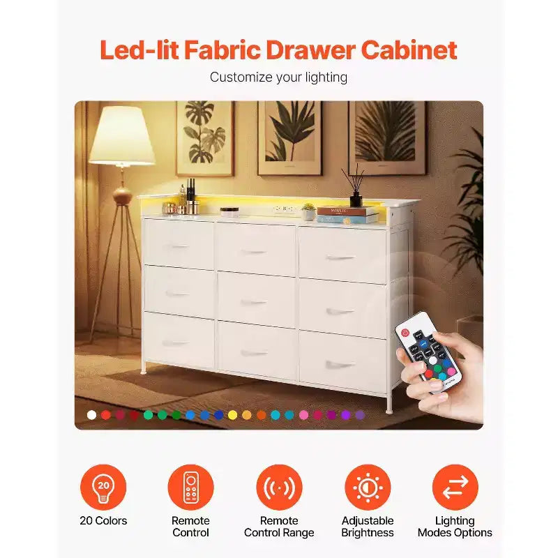 9-Drawer Fabric Dresser with LED Lights and Built-In Power Outlet