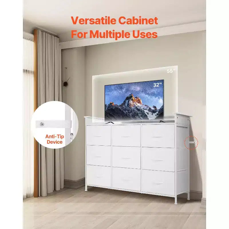 9-Drawer Fabric Dresser with LED Lights and Built-In Power Outlet
