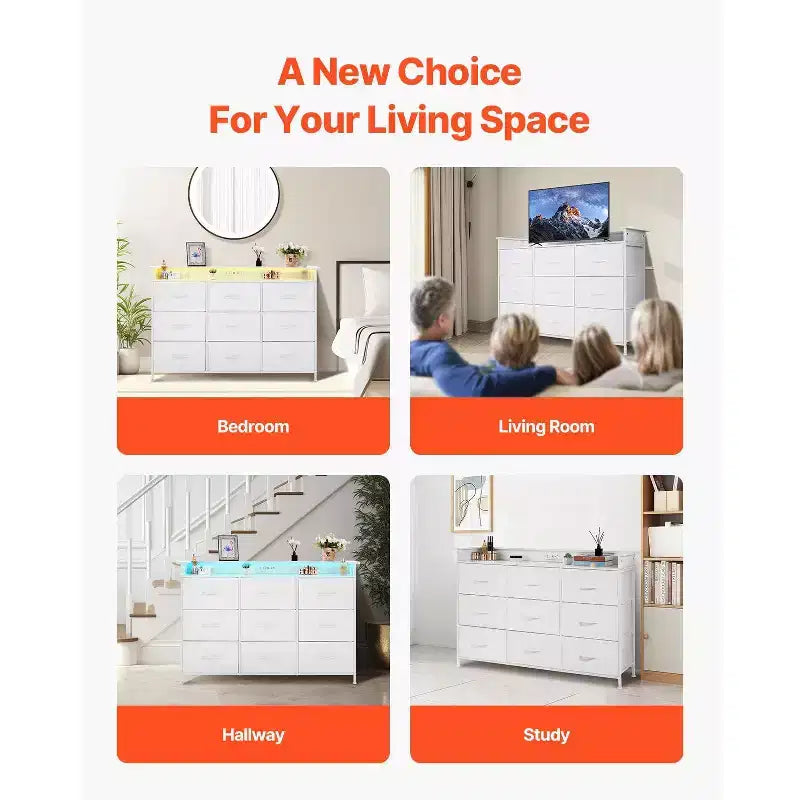 9-Drawer Fabric Dresser with LED Lights and Built-In Power Outlet