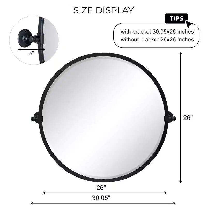 Round Tilting Beveled Wall Mirror with Metal Frame, 26 Inch